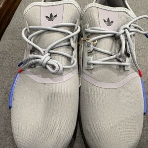 Men’s Adidas Gray NMD_R1 Sneakers with Blue and Red Accents